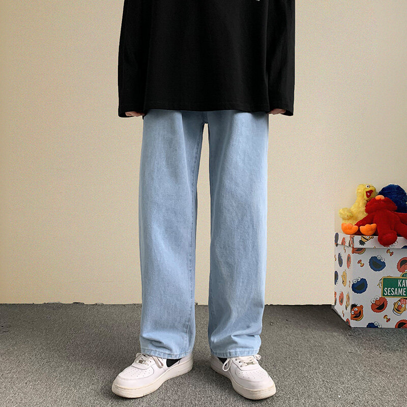 2023 Lente Nieuwe Streetwear Baggy Jeans Mannen Koreaanse Mode Losse Rechte Wijde Pijpen Broek Mannelijke Merk Kleding Zwart Licht Blauw