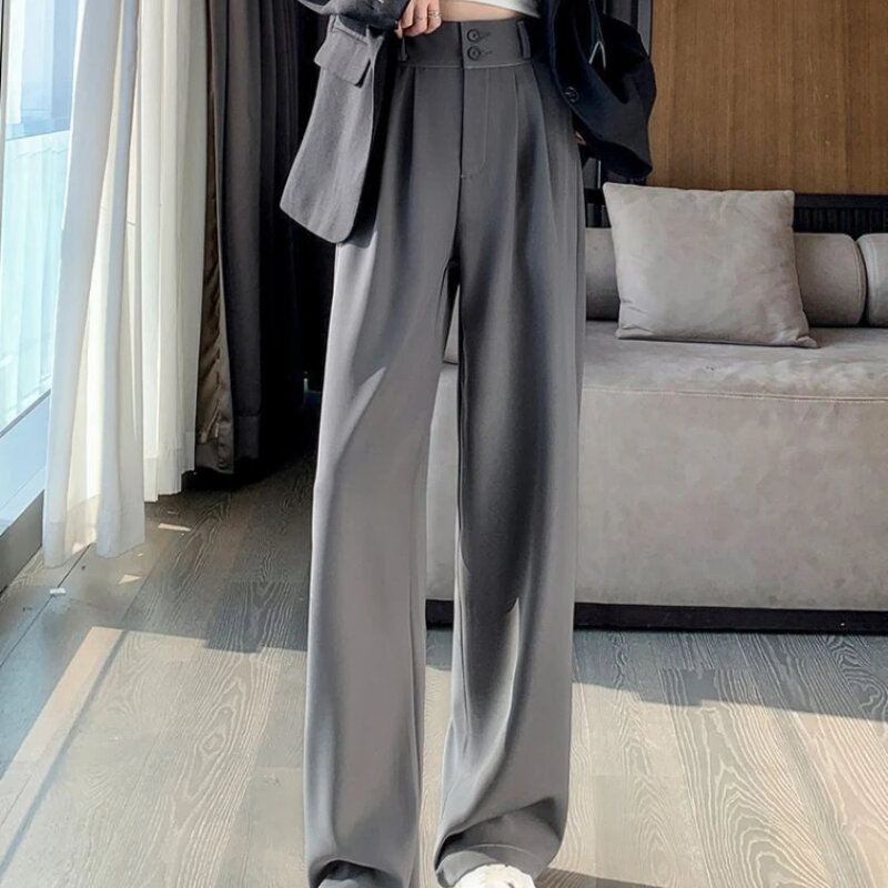 Celana kaki lebar wanita, Bawahan hitam pinggang tinggi gaya Korea, baju kantor longgar abu-abu untuk perempuan