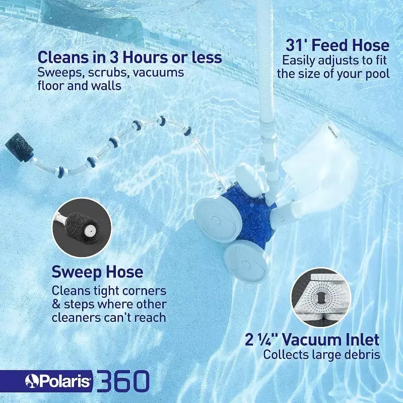Polaris-Vac-Sweep para piscina interior, limpador de pressão 360, triple jet, alimentado com uma única câmara, saco de detritos