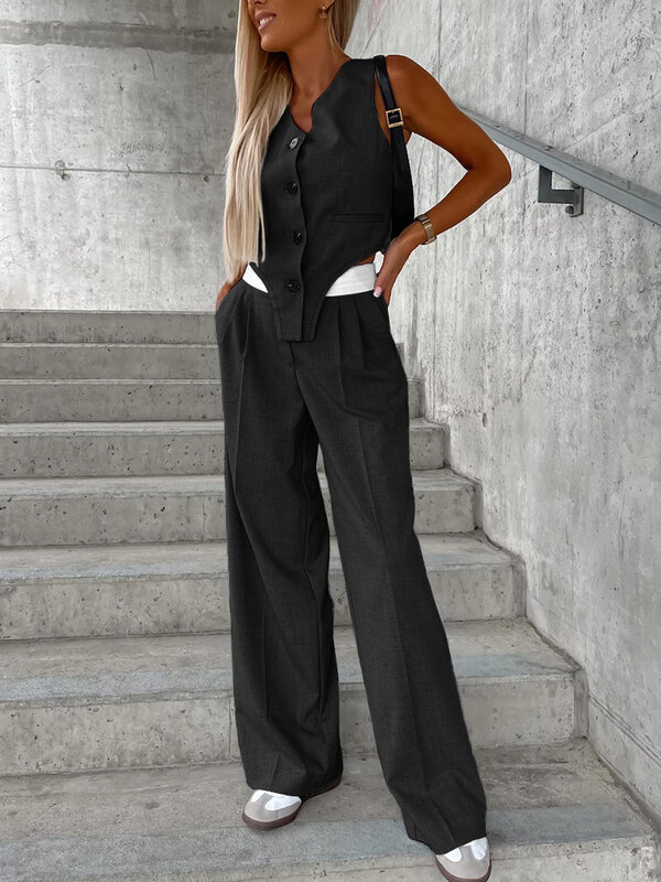2024 Autumn Casual Suit sets for women 2 pieces V-neck Sleeveless Colorblock Vest Top & Ruched Pants Set Trousers Y2K Mujar