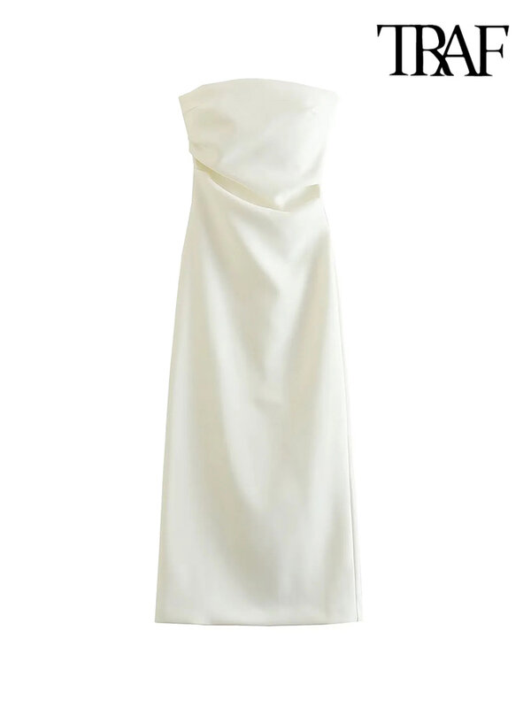 Платье-миди без бретелек, с прямым вырезом и разрезом сзади