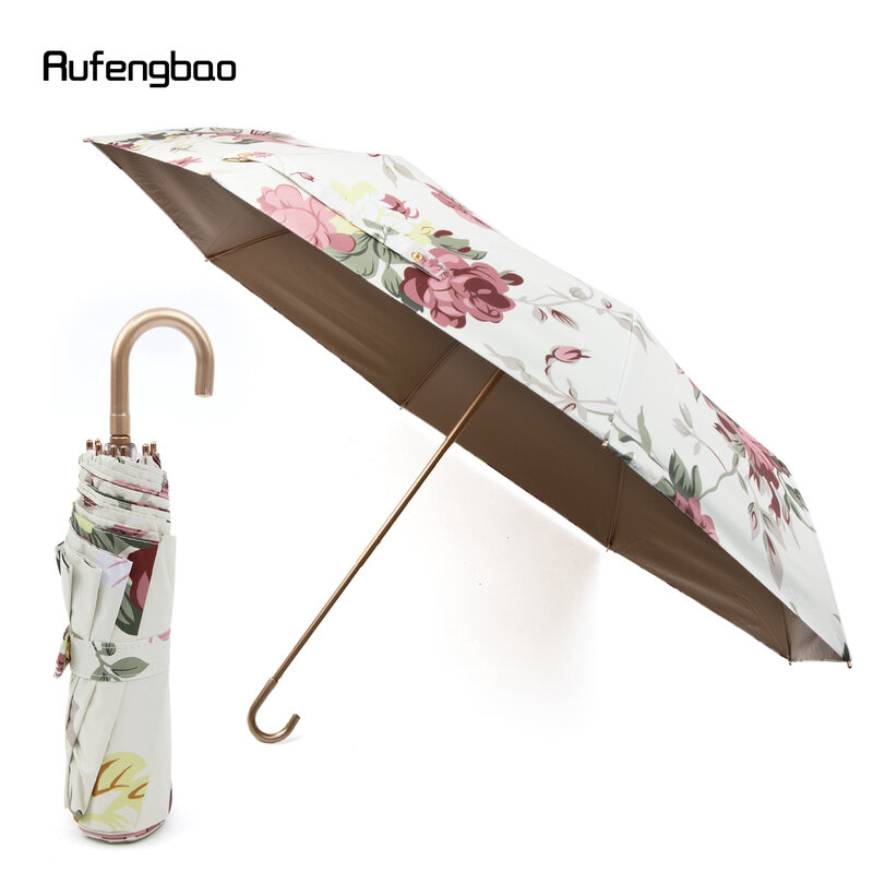 Goldener Blumen Damen Herren Regenschirm, automatischer Regenschirm, klappbarer UV-Schutz sonnige und regnerische Tage wind dichter Regenschirm