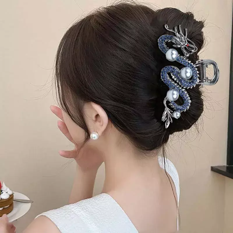Blue Dragon Hairpin with Pearl Hair Claw Women Simple Zodiac Hair Claw Alloy Metal Hairpin Shark Clip Fashion Hair Accessories
