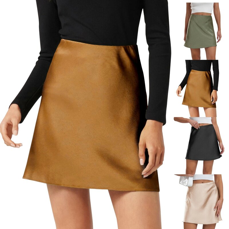 New High-Waisted Skirts Summer Fashion Trend Satin Elastic Waist Skirts Daily Causal Simple Classic Solid Color A-Line Skirts