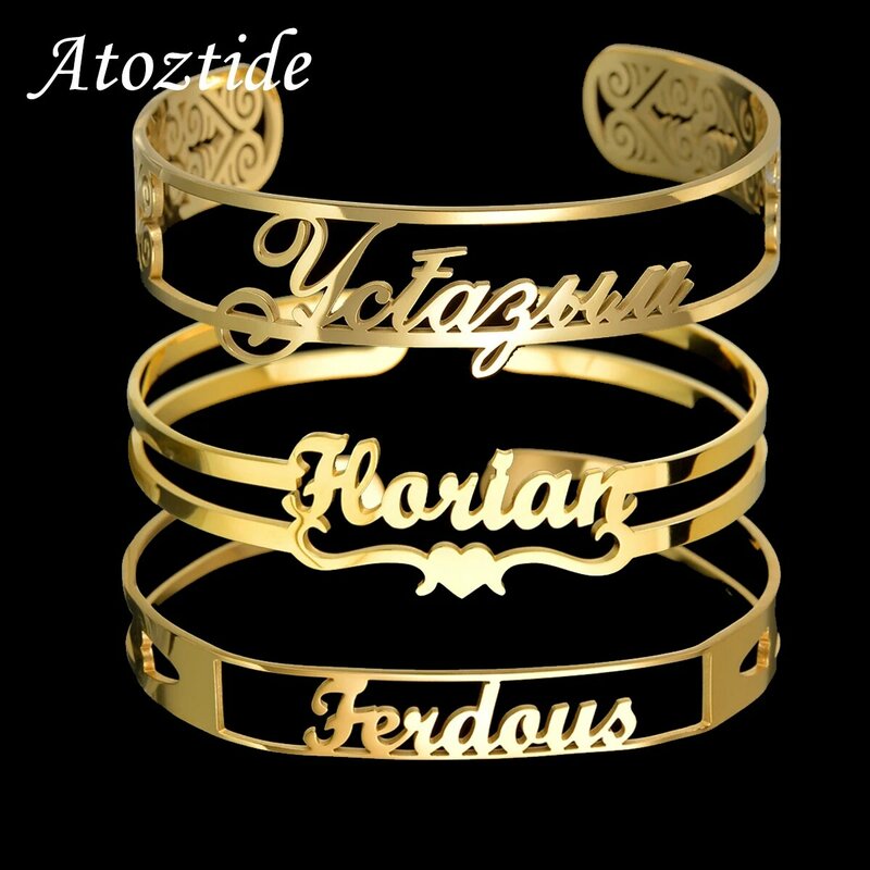 Персонализированный браслет Atoztide 10 мм с буквенным именем для женщин и мужчин, полые браслеты из нержавеющей стали, ювелирные изделия на день рождения, подарок