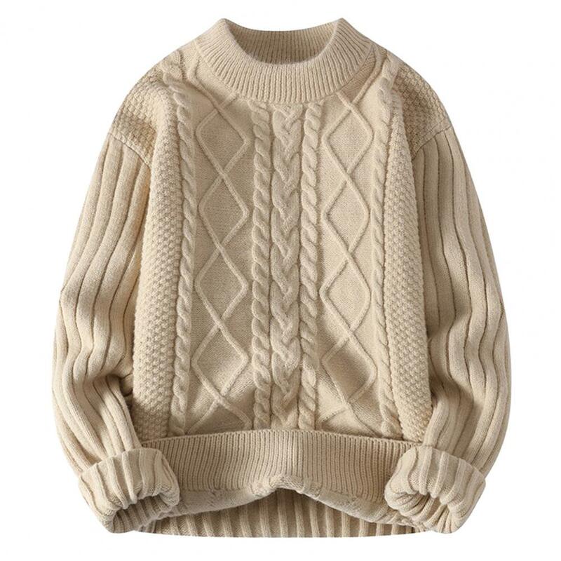 Suéter grosso de malha masculino, gola redonda, anti-pilling, resistente ao frio, macio, aconchegante, monocromático, inverno