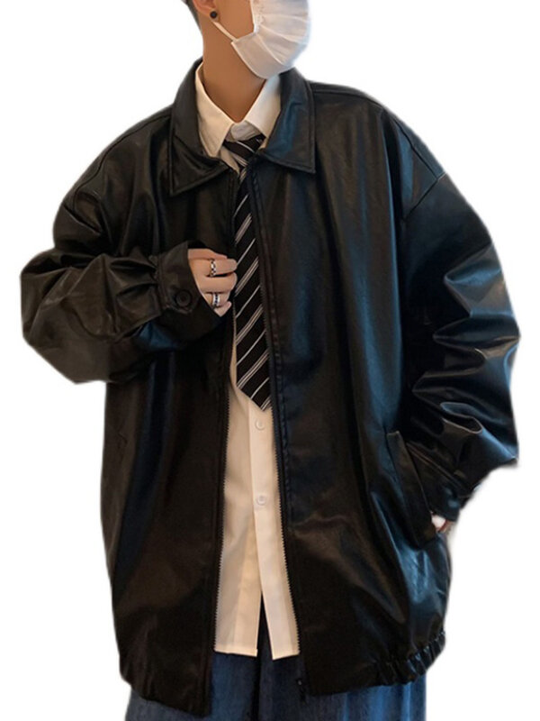 Jaqueta de couro PU com bolsos soltos para mulheres, casaco manga comprida, jaquetas com zíper, tamanho grande, maré nova, moda feminina, outono, X216, 2023
