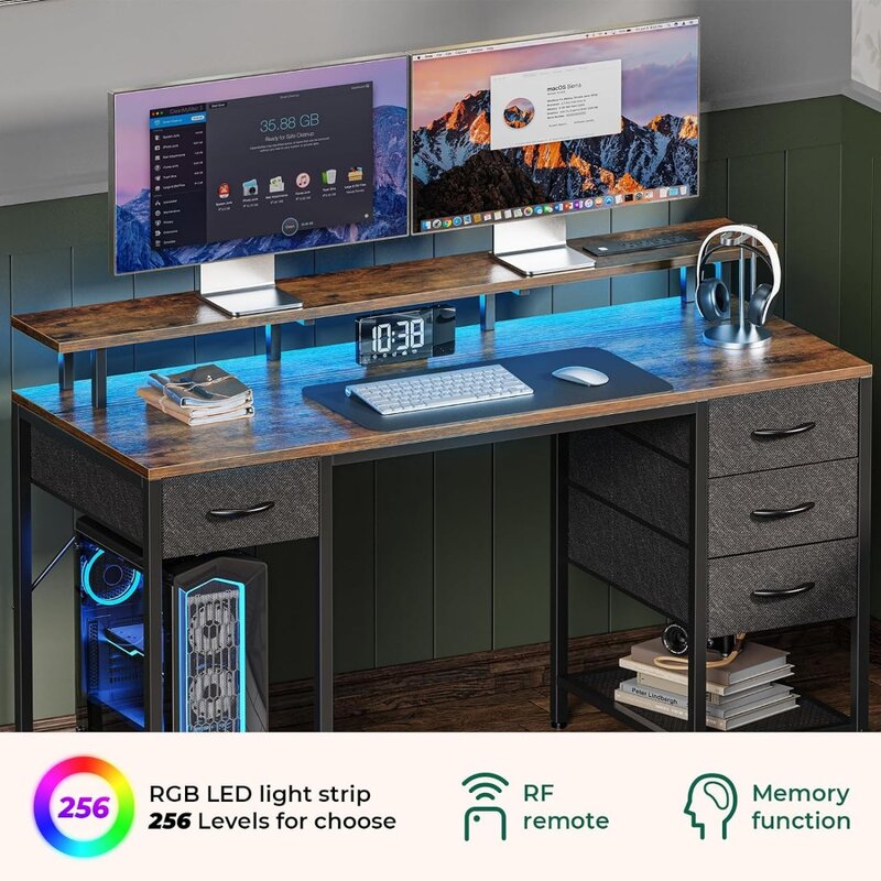 55-Zoll-Computertisch mit 4 Schubladen, Spieltisch mit LED-Leuchten und Steckdosen, Home-Office-Schreibtisch