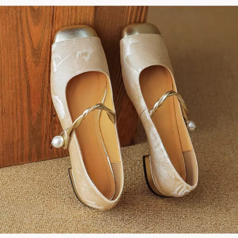 حذاء ماري جين من الجلد الطبيعي للنساء ، كعب سميك بنعل مسطح ، حذاء فردي من الحرير بتصميم كلاسيكي ، جديد ، صيفي