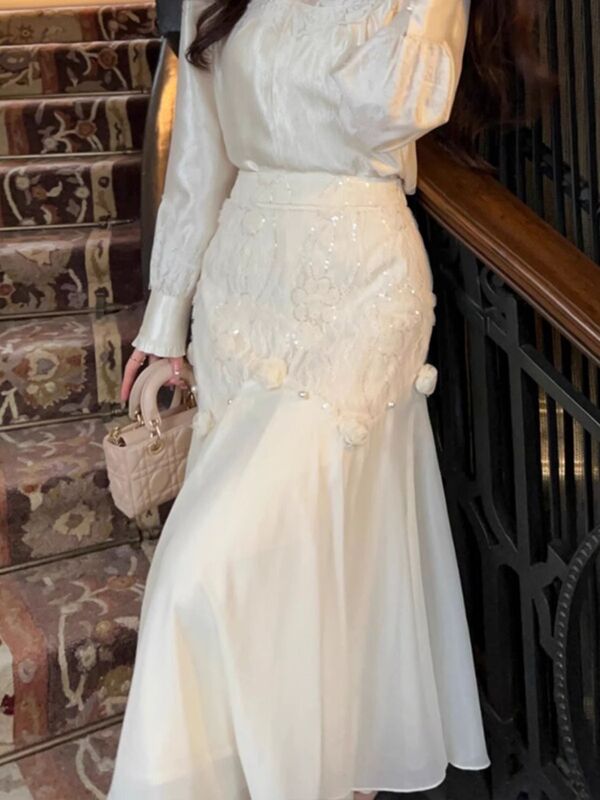 Женская шифоновая юбка с высокой талией, элегантная длинная юбка в стиле пэчворк с объемными кружевами и цветочным принтом
