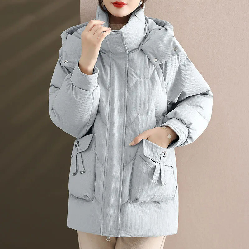 엄마 겨울 두꺼운 코트 중년 여성 패션, 루즈핏 롱 후드, 분위기 있는 캐주얼 코트