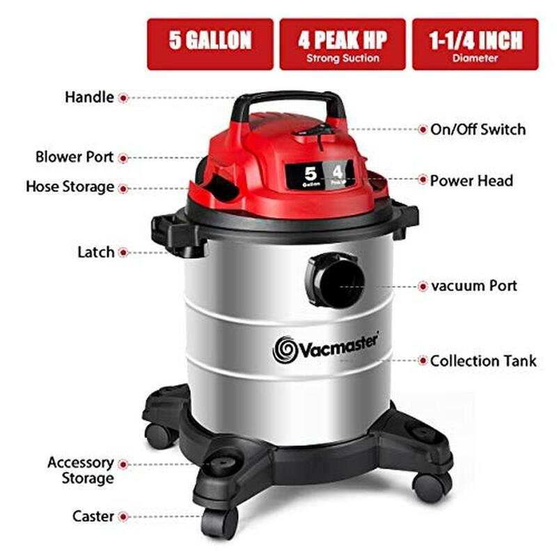 Stainless Steel 5 Gallon Wet Dry Vacuum 4 Peak HP Powerful Suction Blower Swivel Casters Easy Storage Red Edition VOC508S 1101