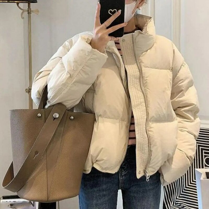 Fall Winter Women Parkas Thick Padded Stand Collar Neck Protection Coat Soft Zipper Closure Cardigan Loose Lady Down Coat