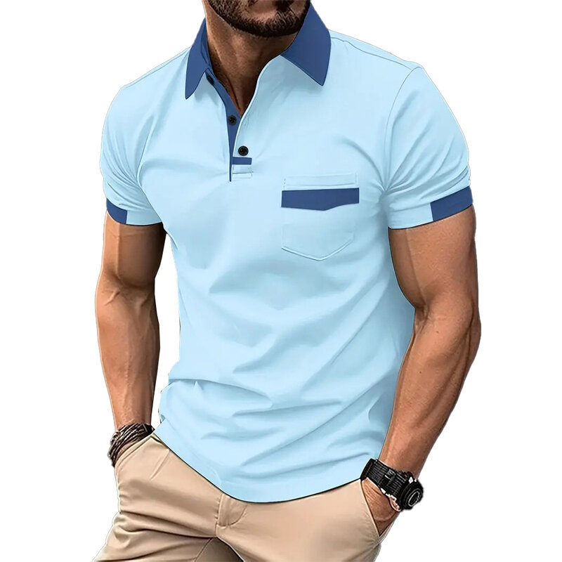 Camiseta masculina manga curta com gola polo, Tops emendados, cor contrastante, roupa casual masculina, roupa de escritório de negócios, moda que combina com tudo, verão