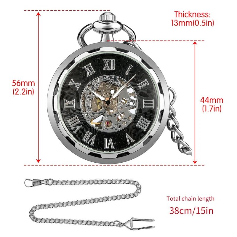Sliver Hand-Winding Mechanical Pocket Watches Black Roman Nunber Dial Pendant Pocket Clock Capless Timepiece Gifts for Men Women