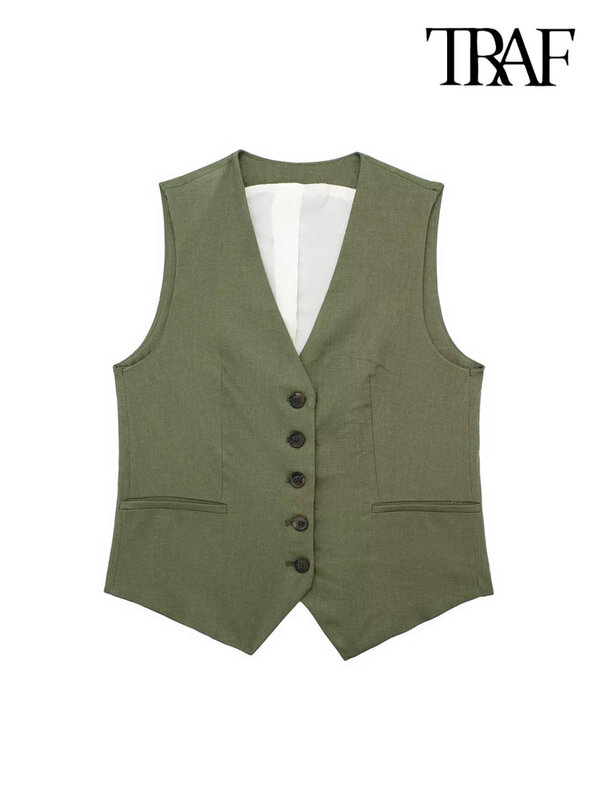 Traf Damesmode Linnen Vest Met Knoop Aan De Voorkant Vintage V-Hals Mouwloze Vrouwelijke Bovenkleding Chique Vest Tops