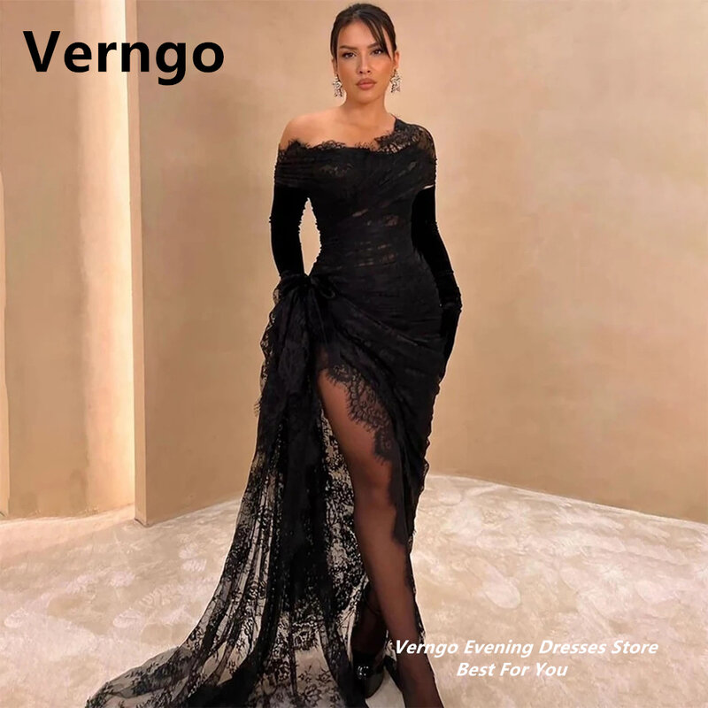 Verngo ชุดชุดเดรสปาร์ตี้พรอมเปิดไหล่ผ้าลูกไม้สีดำชุด2024นางเงือกชุดเดรสเป็นทางการสีดำ