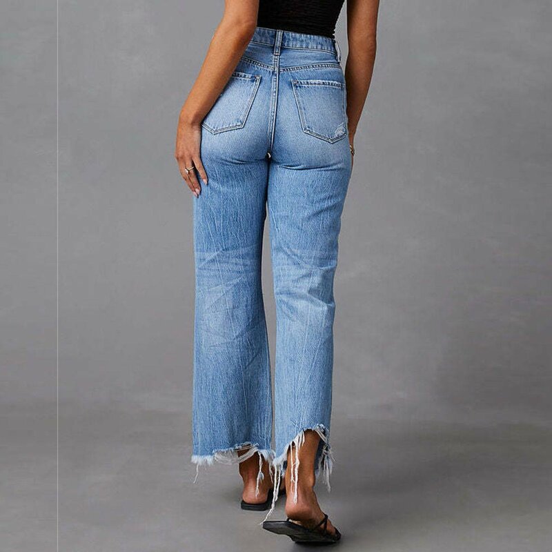 Fashion Broken Holes Jeans Tassel Bootcut Jeans Women'S Daily Casual All-Match Street Style Cropped Pants Commuter Denim Pants