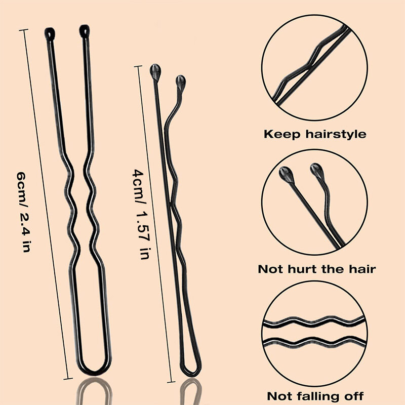 Jepit rambut hitam berbentuk U untuk wanita, jepit rambut bergelombang tidak terlihat, aksesori rambut jepit rambut logam