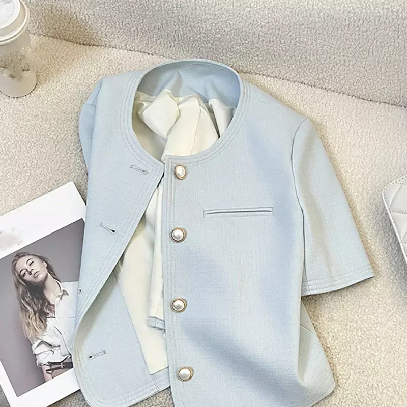 DW346+DL347New Women's Sky Blue Small Fragrant Short Sleeved Suit Jacket