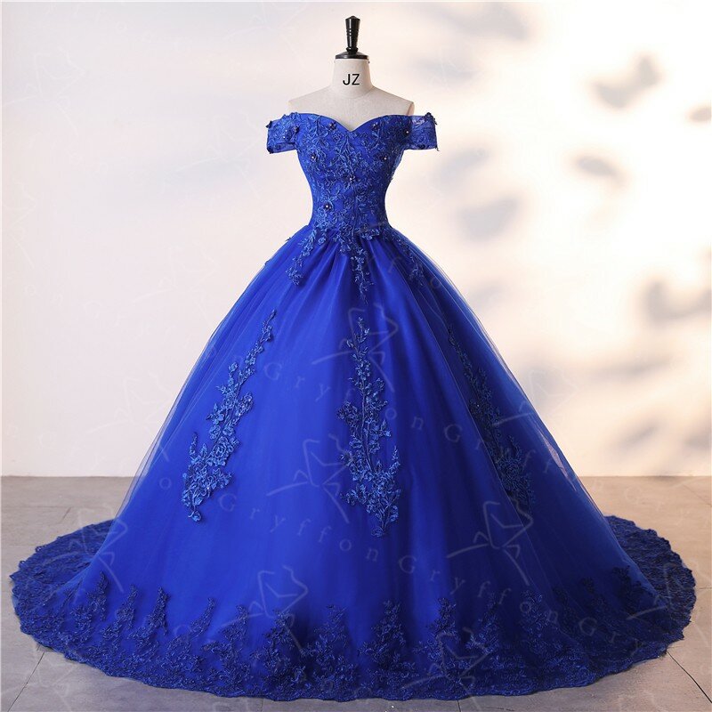 Jesień nowy Vestidos niebieski sukienka na Quinceanera z Trian elegancki Off The Shoulder suknia luksusowa sukienka Plus rozmiar suknia wieczorowa