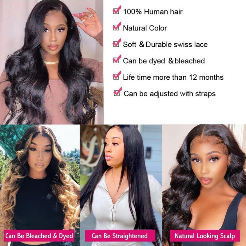 Perruque Lace Front Wig Body Wave naturelle, cheveux humains, 13x4, pre-plucked, avec baby hair, densité 180%, pour femmes africaines