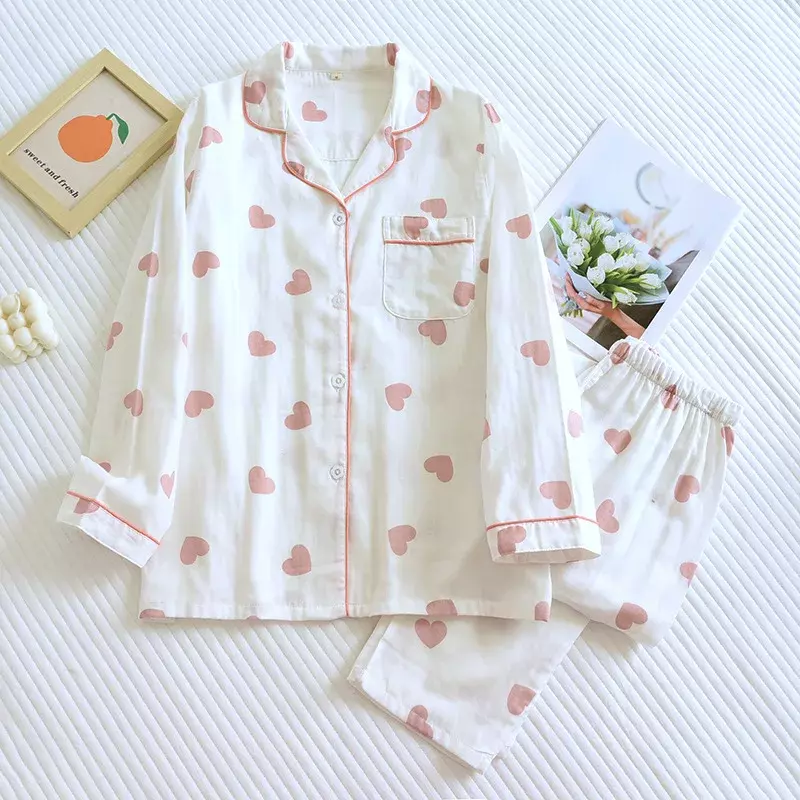 VIP 2024 New Spring and Autumn Pajama Set Women's 100% Cotton Long Sleeve Pants Two Piece Love Lovely Sweet Home Furnishing Set