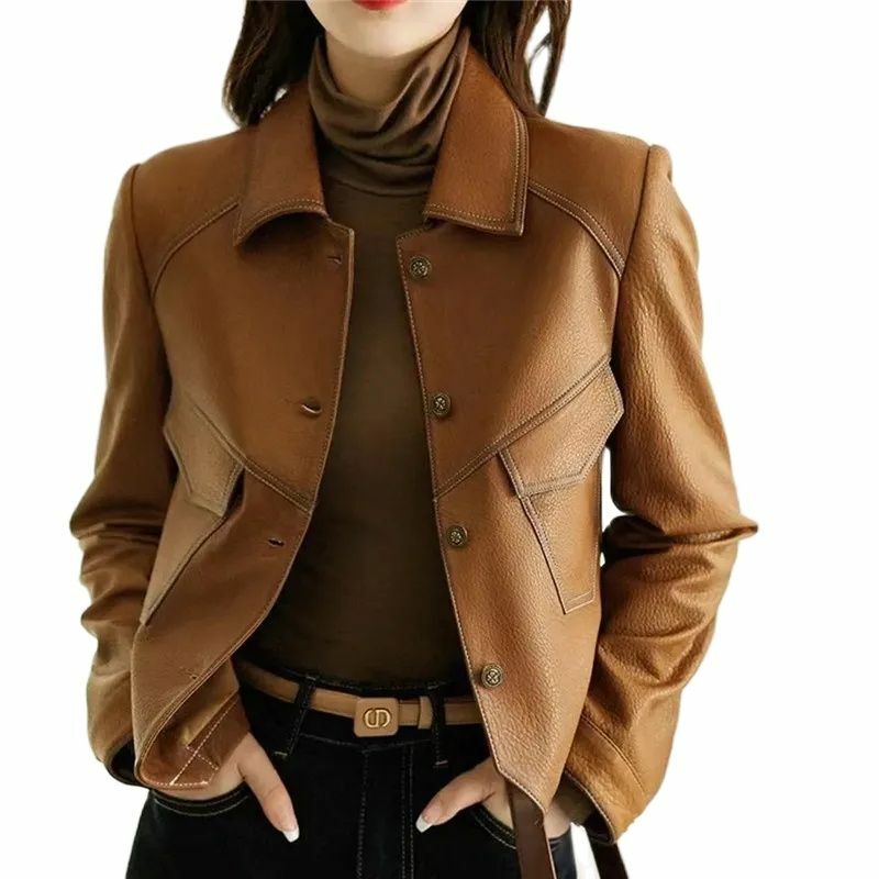 Jaket kulit kerah Lapel wanita, Luaran kulit desain pendek musim semi musim gugur 2024