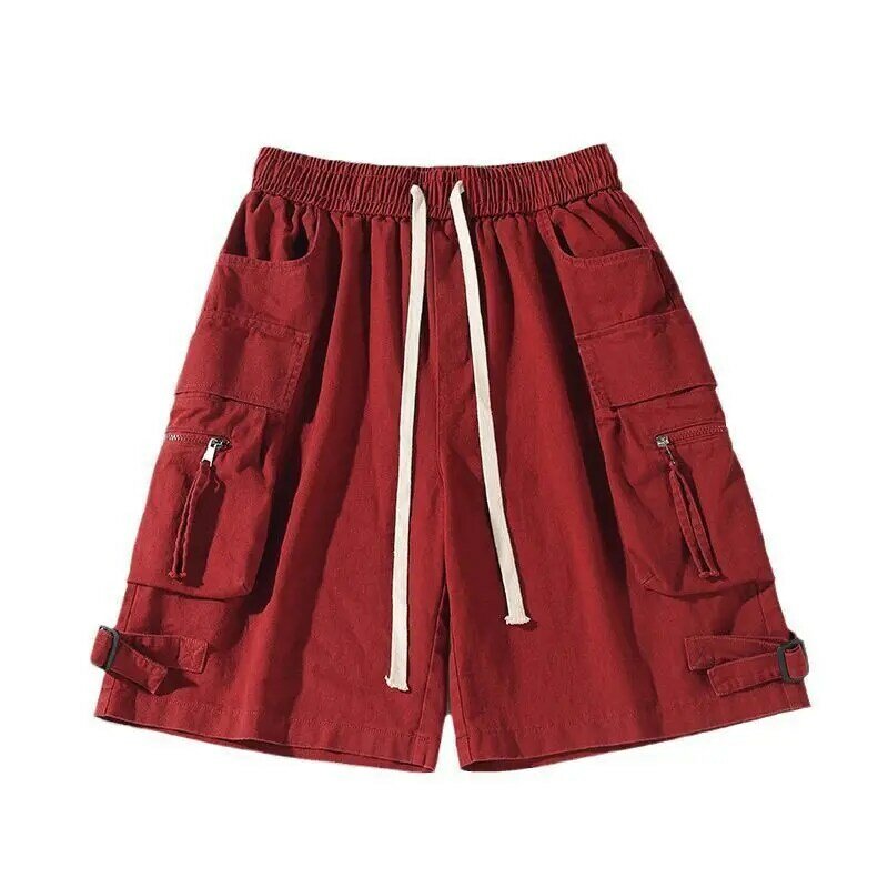 Short d'été rouge pour hommes, pantalon multi-poches, pantalon polyvalent, streetwear décontracté, pantalon de travail, tendance vintage, américain