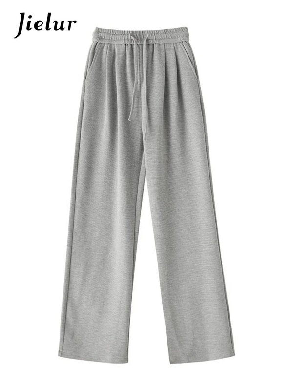 Jielur-Pantalones rectos de cintura alta para mujer, pantalón holgado informal con bolsillos y cordones, de punto Delgado, de pierna ancha, elegante, para oficina