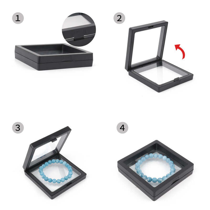 Pe Film Zwart Sieraden Opbergdoos 3D Verpakking Case Gemstone Gratis Stand Drijvende Frame Membraan Ring Oorbellen Ketting Display