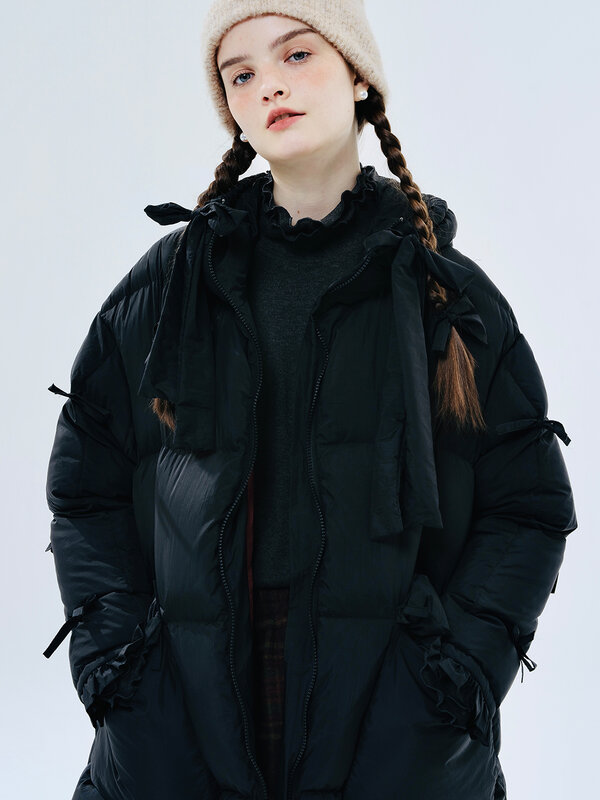 IMAKOKONI 오리지널 디자인 겨울 따뜻한 중간 길이 두꺼운 코트, 포켓 다운 재킷 234380