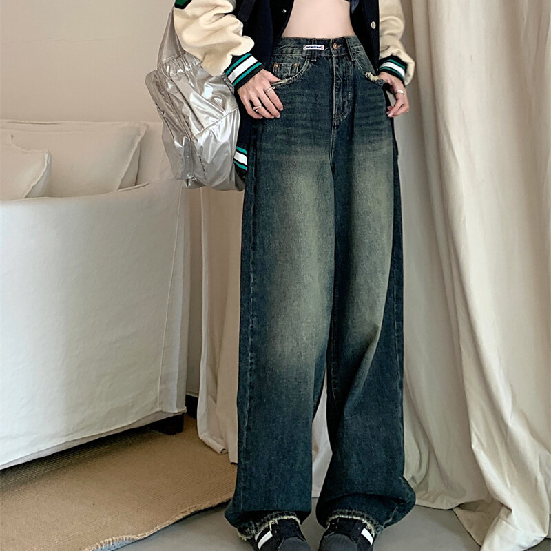 8 Größen Jeans mit weitem Bein Frauen in voller Länge baggy lässig High Street Hip Hop All-Match Distressed American Retro elastisch New Chic
