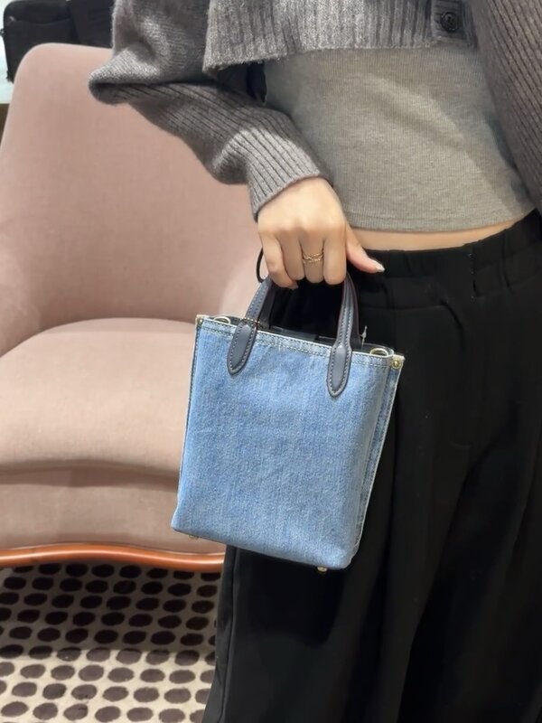 American Style Retro Mini Tote Bag Women's Summer Commuter Crossbody Handbag Blue Canvas Denim Basket Bag Cute Small Bucket Bag