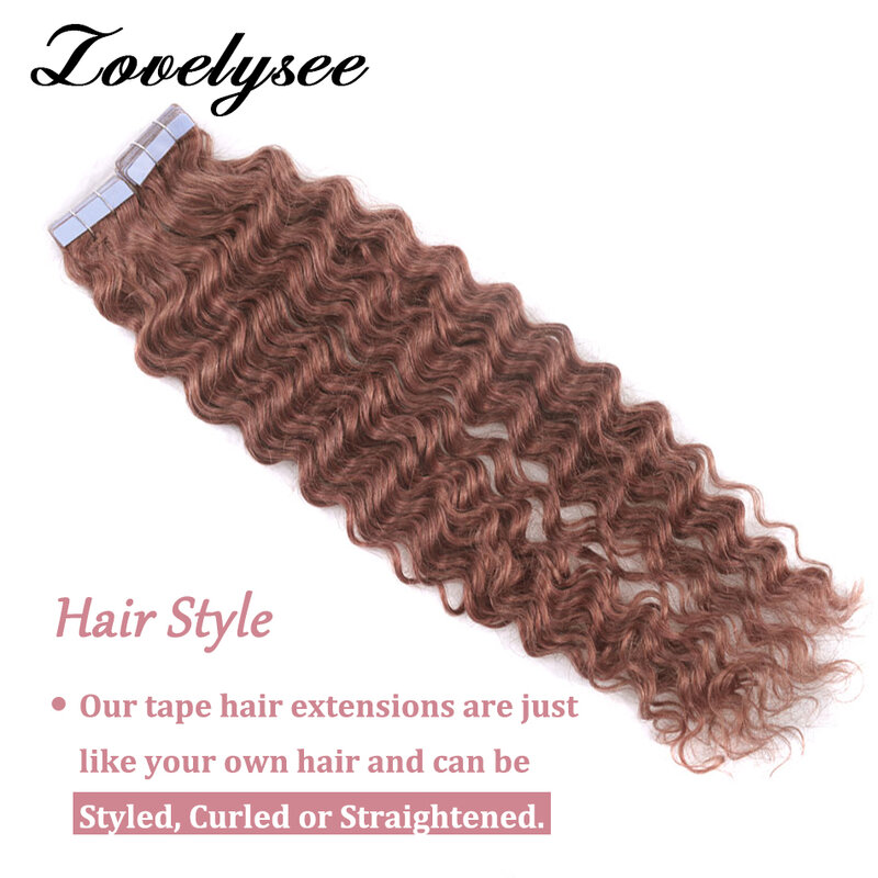 2.5g/pcs Deep Wave Tape In Human Hair Extensions Auburn Brown Hair Adhesive Skin Weft Tape Ins Wave Hair Double Sides Seamless