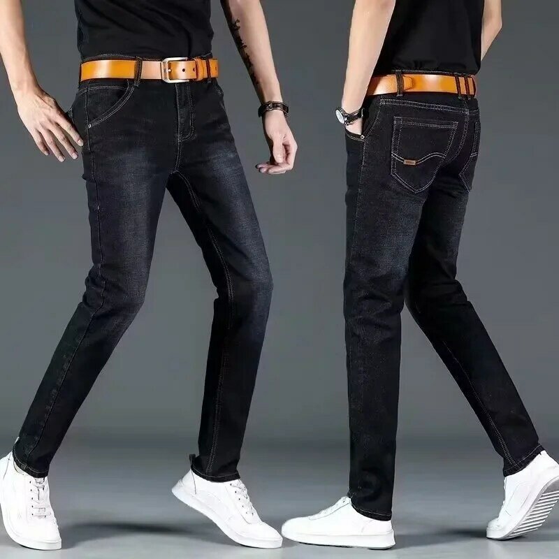 جينز رجالي كاجوال مستقيم الساق ، بنطلون عمل مريح ، بلون واحد ، تصميم عصري بحس ، الربيع ،