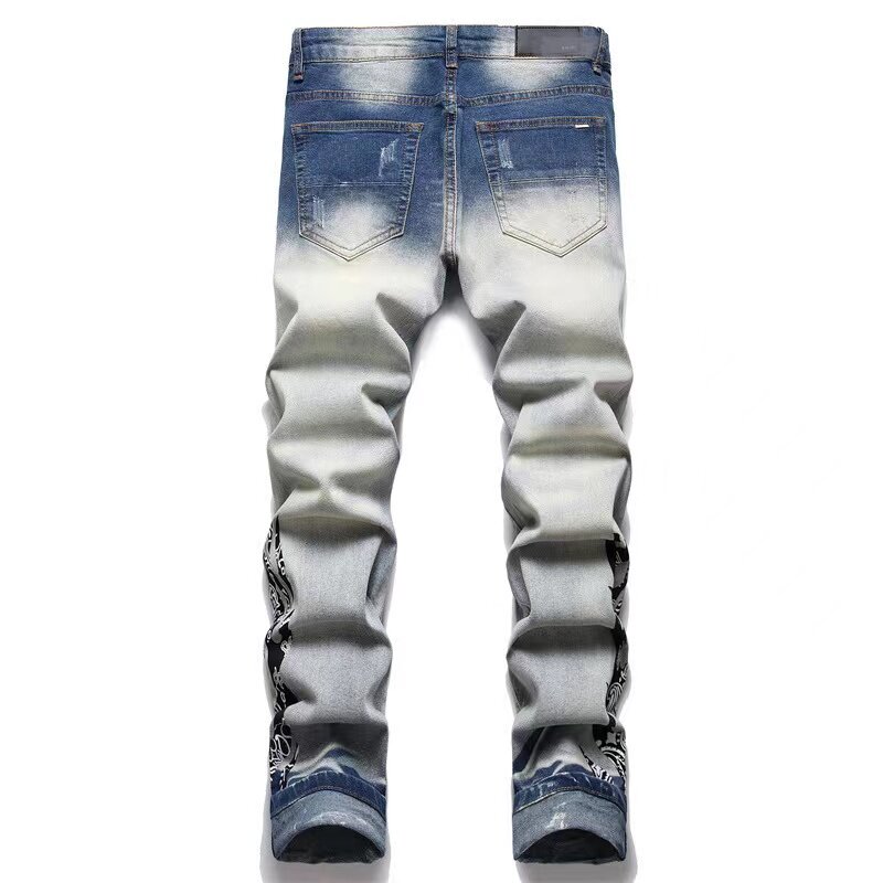 EH·MD® Embroidery Flame Men's Jeans with Shattered Holes High Elasticity Soft Breathable Bleaching Trend Cat Beard Wear Gradient