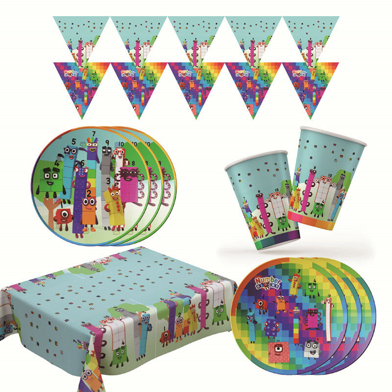 Детский конструктор в виде цифр, украшение для дня рождения, тарелки, чашки, флажки, салфетки, одноразовая посуда для детей