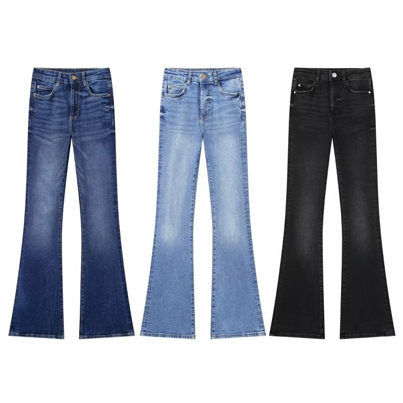 Jeans reto de cintura alta feminino, vintage, bolsos com zíper, bainha desfiada, calça jeans feminina, moda chique, novo, 2024
