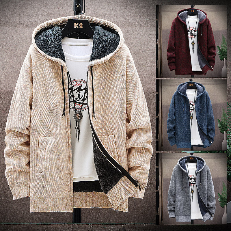 Suéter de punto con estampado para hombre, ropa de moda coreana, ropa de punto, cárdigan, capucha con felpa y forro polar grueso, Invierno