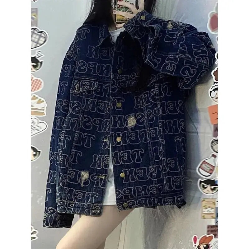 Net Red Hot Loose All over Print Hole in Jeans Jacket 2024 Early Spring New Loose Collar China-Chic Couple Jacket Commuter Print