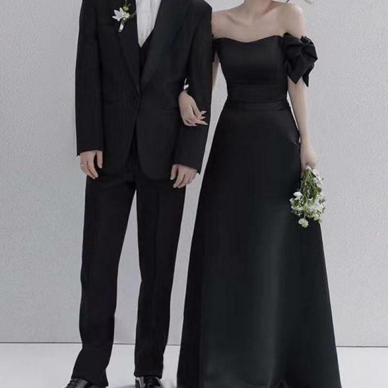 2024 neue süße Schleife koreanische Brautkleid Mode von der Schulter Bräute Brautkleider weiche Satin schwarz lange Abendkleider