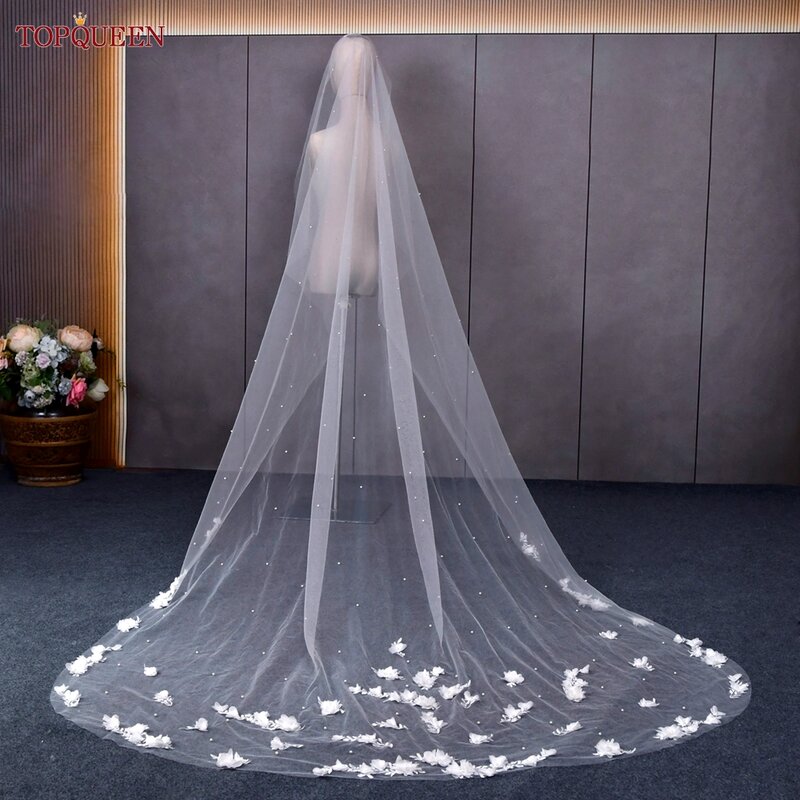 Topqueen V52 3D Bloemen Bruiloft Sluier Met Parels Bridal Veils Lange Trein Bruids Douche Veu Van Bruid 3 Meter Veu de Noiva
