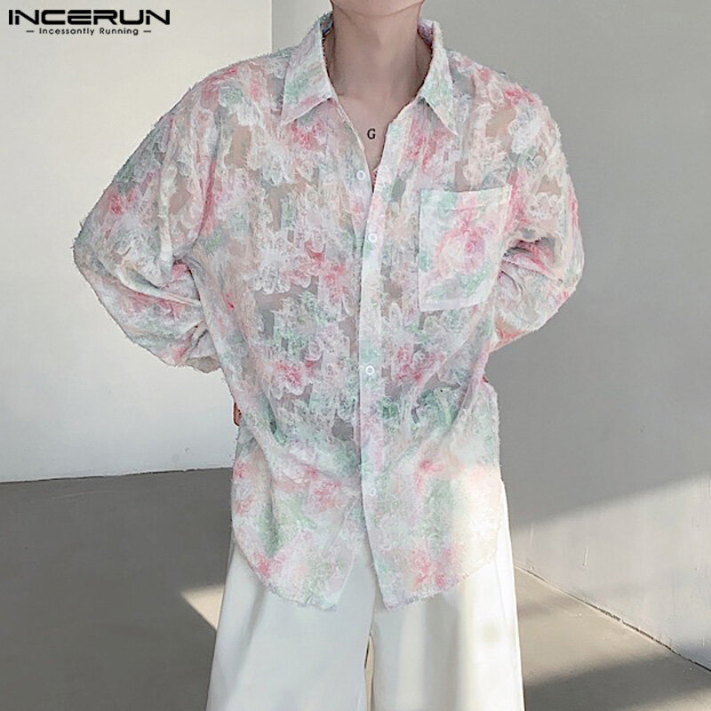 INCERUN-قميص جاكار رجالي شفاف بأكمام طويلة ، ملابس على الموضة الكورية ، ملابس غير رسمية للشارع ، قمصان فضفاضة ،