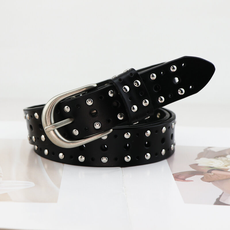 Fashion Leather Belts for Women Simple Alloy Buckle Vintage Ladies Casual Belt for Jeans with Holes Hollow Leather Waistband