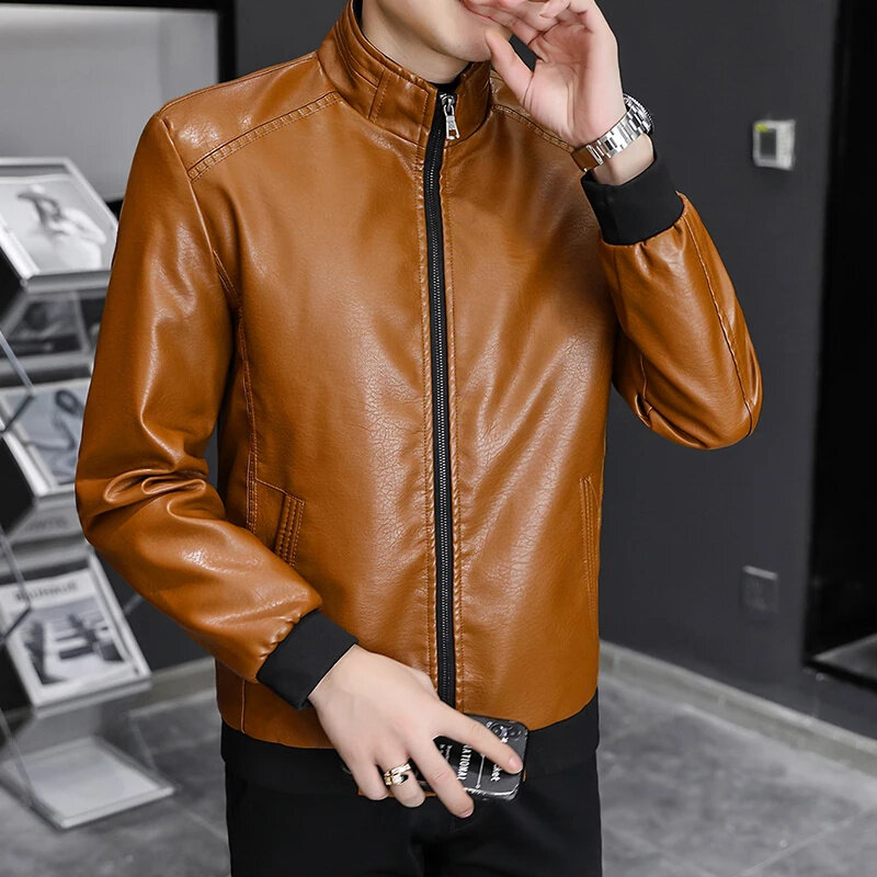 Jaket kulit PU kasual pria 2024 musim semi musim gugur baru jaket pengendara sepeda motor mantel merek pakaian ukuran besar