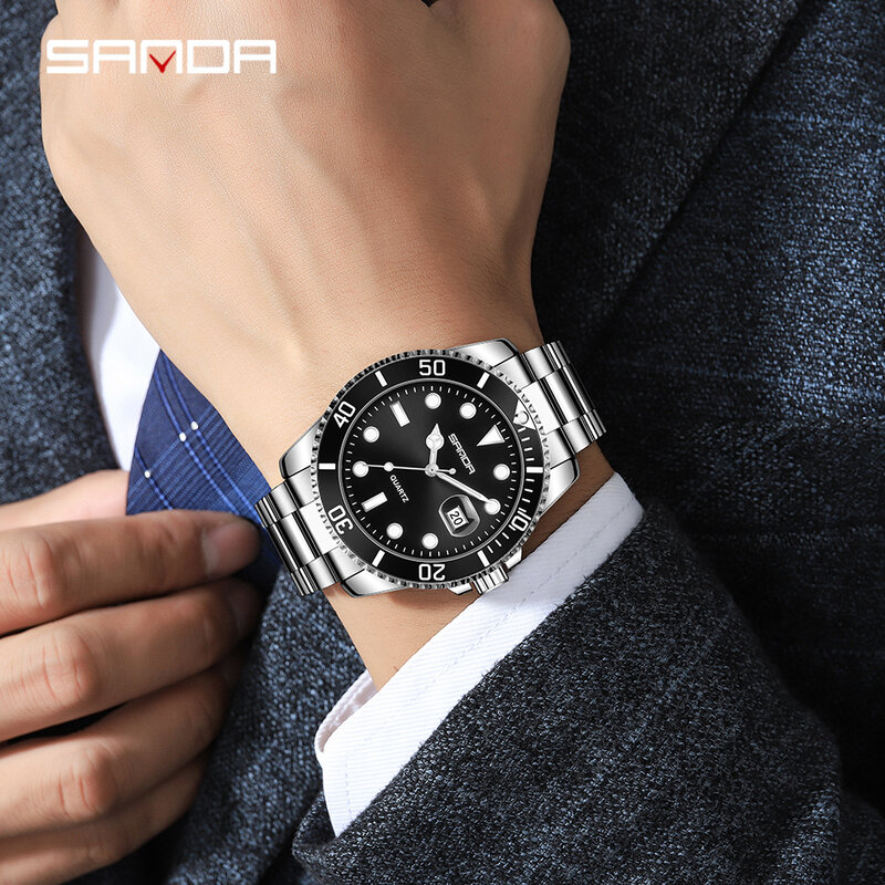 男性、クォーツ時計、カレンダー、ビジネス、高級、トップブランド、ファッションのためのサンドラ-完全なステンレス鋼の腕時計