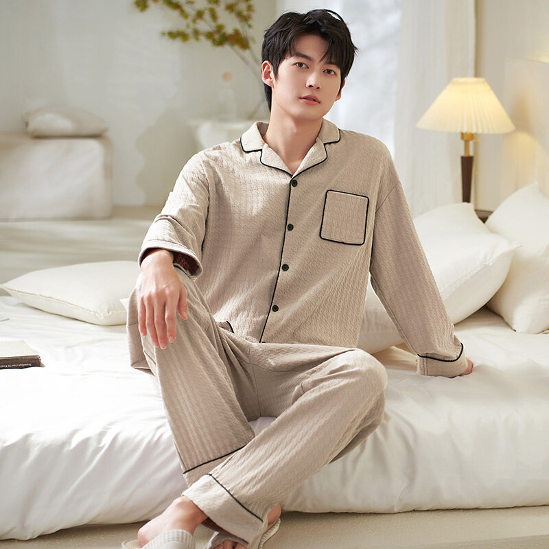 Man Pajamas Sets Spring Autumn Long Sleeve Soft Cotton Pyjamas Cardigan Home Clothing Male Jacquard Weave Loose Casual Sleepwear