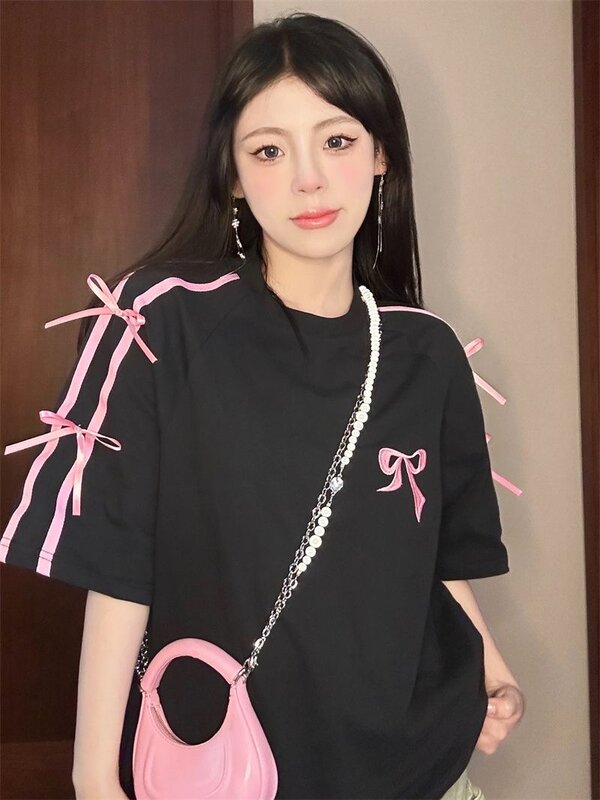 Koreaanse Stijl Driedimensionale Strik Puur Katoen Met Korte Mouwen Zomer Nieuw Niche Lady Style Design Geborduurd Casual Veelzijdige Top