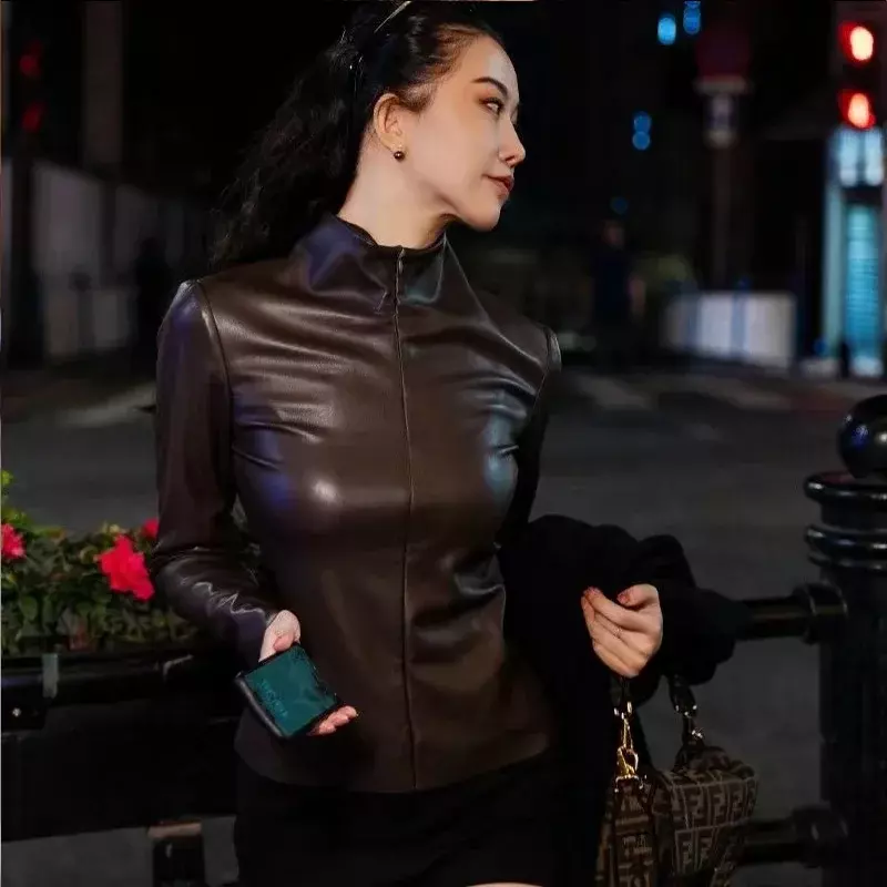 Women Long Sleeve High Neck Faux Leather Shirts Elegant Fashion Front Zip Tops Stretch Slim Pullover Matte PU Party Moto Costume